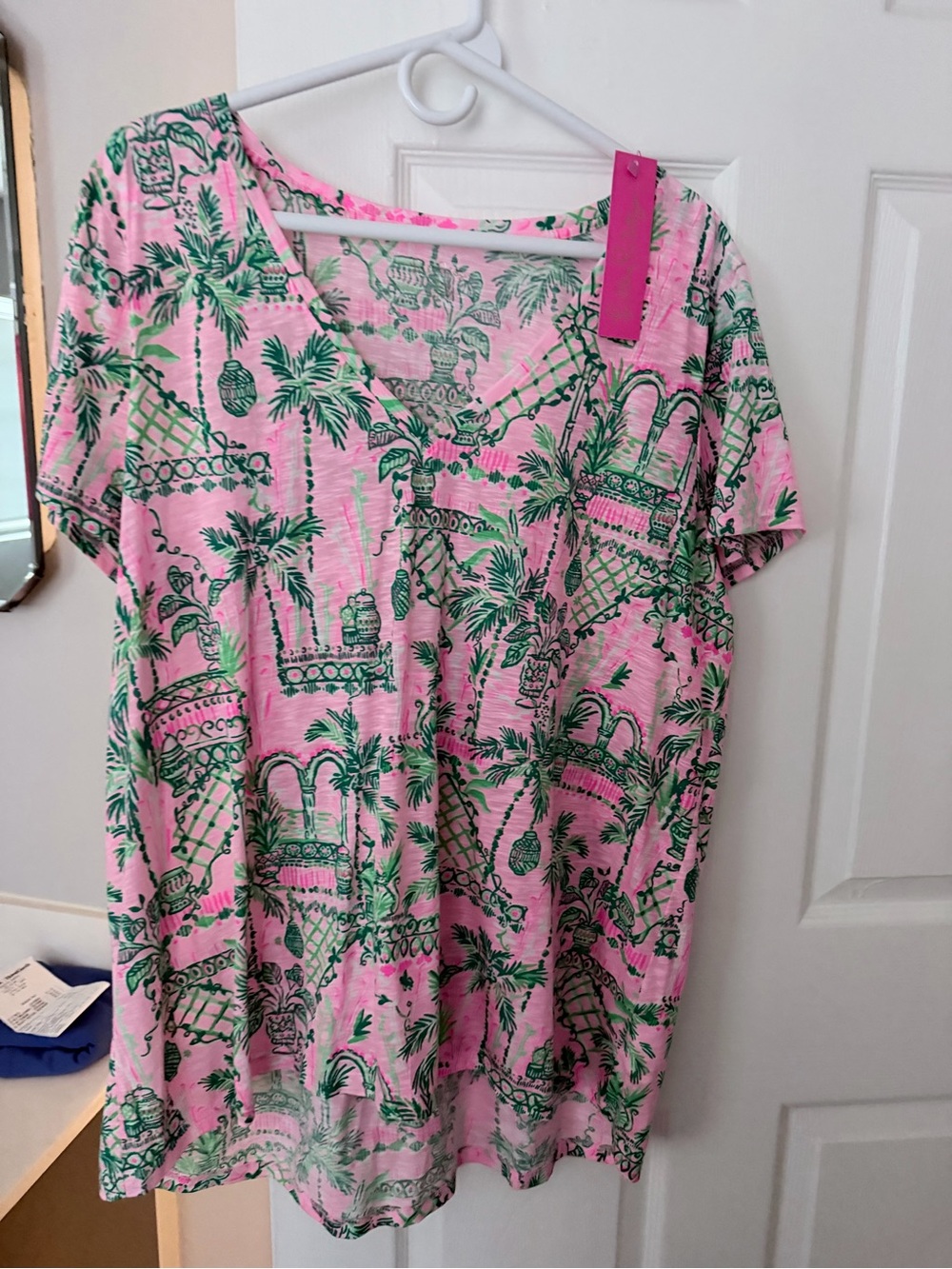 Lilly Pulitzer Pink & Green Tropical V-Neck Short Sleeve Top